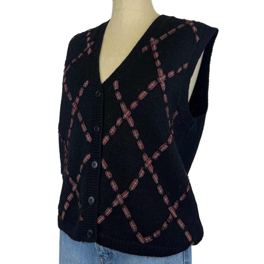 Vintage Women's Pendleton 100% Wool Black Ribbon Patterned Button Up Vest (Sz M)